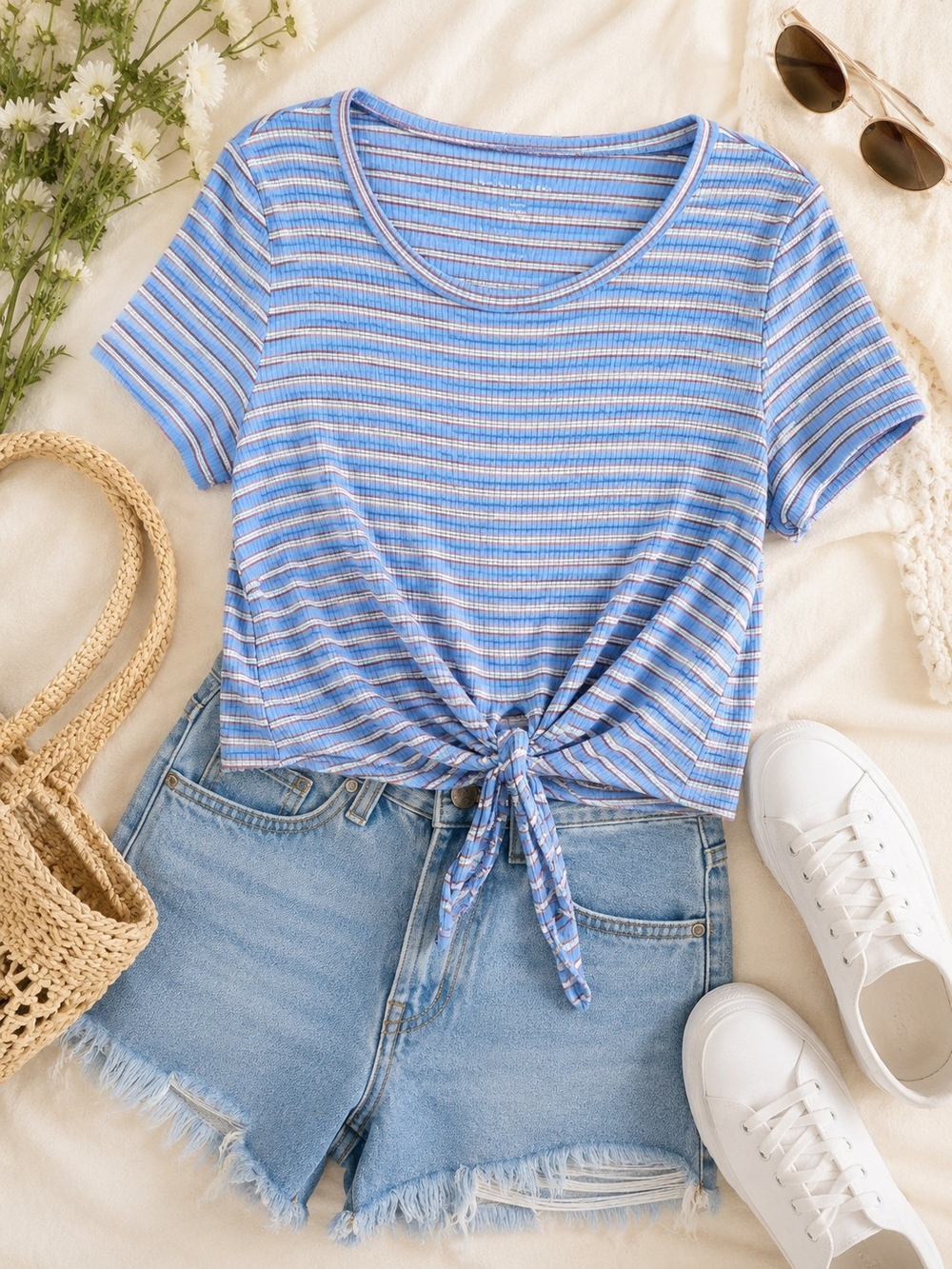 American Eagle Soft & Sexy Blue Striped Tie Front Ribbed Tee Women's Size Large